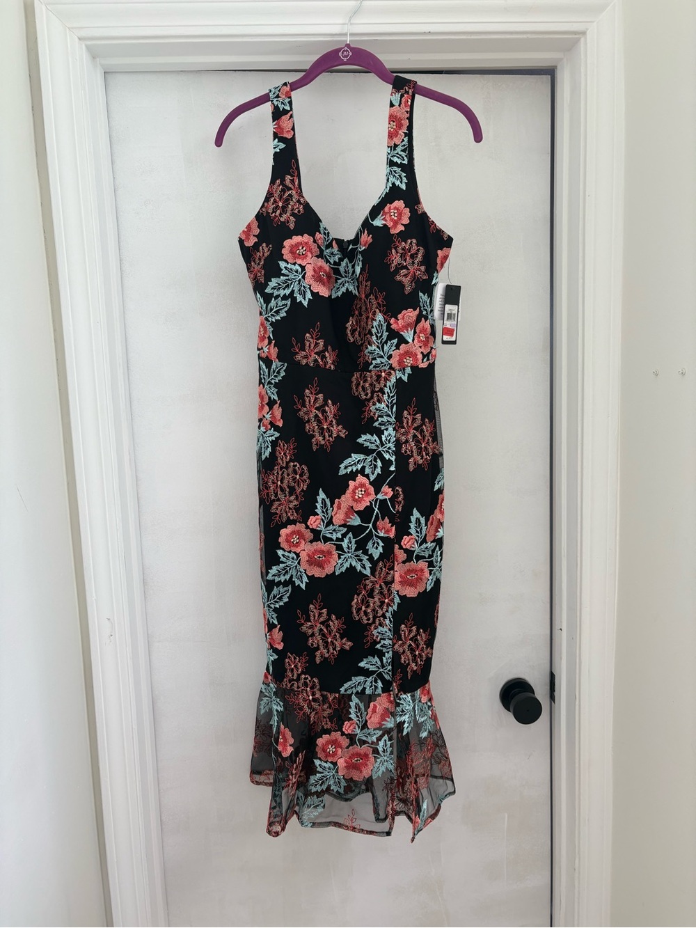 Guess Black Midi Dress with Coral and Seafoam Floral Print